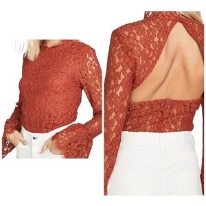 Endless Rose Bodysuit Women Small Orange Lace‎ Cutout Back Long Bel Sleeve NWT